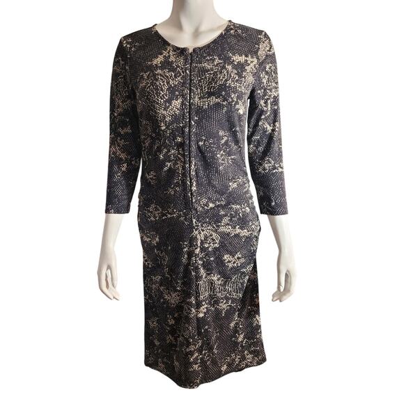 Ann Taylor Black Tan Snakeskin Print Midi Tunic Dress 8 Front Zip Rayon Indie - Picture 1 of 9